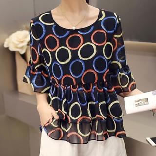 Elbow-sleeve Ruffle Printed Chiffon Top