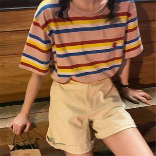 Flower Embroidered Short Sleeve Striped T-shirt
