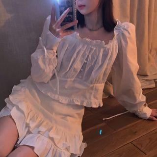 Puff-sleeve Square Neck Ruffled Trim Blouse / Ruffled-hem Mini Skirt