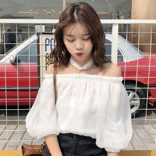 3/4-sleeve Choker Neck Chiffon Top