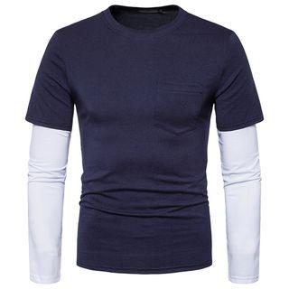 Mock Two-piece Color Block Long-sleeve T-shirt