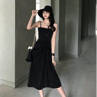 Spaghetti-strap Ruched Midi A-line Chiffon Dress