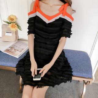 Fringed Off Shoulder Short Sleeve Dress