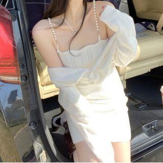 Spaghetti-strap Faux Pearl Mini Sheath Dress Dress - White - One Size