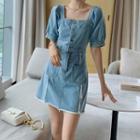 Puff Sleeve Square Neck Frayed Denim A-line Dress