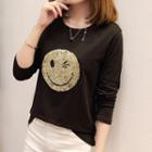 Long-sleeve Sequined Smiley Face T-shirt