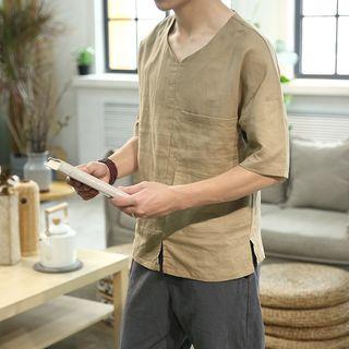 Elbow-sleeve Notch Neck Top