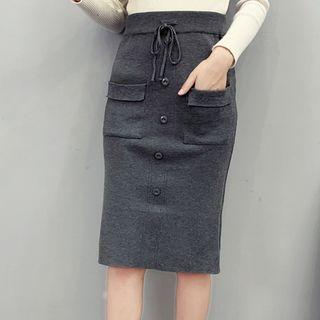 Buttoned Pencil Knit Skirt