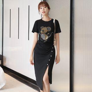 Short Sleeve Rhinestone Slit T-shirt Dress