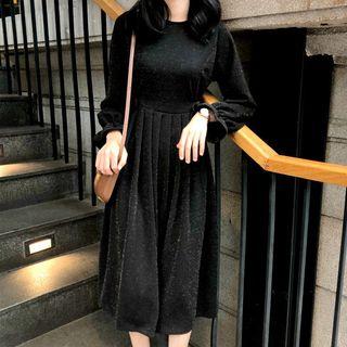 Long-sleeve Glitter Midi Pleated Dress