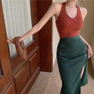 Halter-neck Tank Top / Slit Midi Pencil Skirt