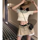 Short-sleeve Plain Cropped Polo-shirt / Mid-waist Mini Skirt