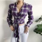 Long-sleeve Plaid Crop Top