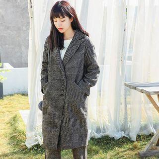 Single-breasted Gingham Woolen Long Coat