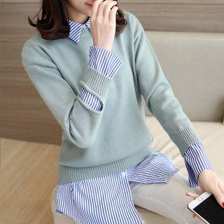 Inset Striped Shirt Distressed Sweater