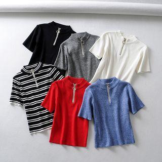 Short-sleeve Zip Placket Knit Top