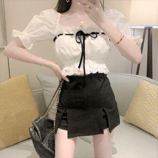 Lace Trim Short-sleeve Cropped Blouse / Mini A-line Skort