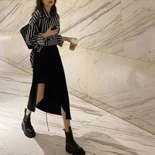 Striped Shirt / Asymmetrical A-line Skirt / Set