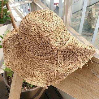 Beribboned Woven Sun Hat Dark Beige - One Size