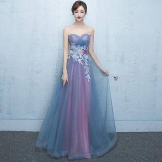 Strapless Floral Embroidered A-line Mesh Evening Gown