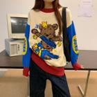 Long-sleeve Bear Embroidered Color Block Lettering Knit Top As Shown In Figure - One Size