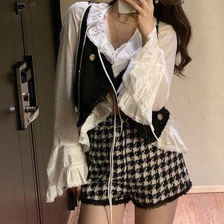Long-sleeve Ruffled Blouse / Furry Buttoned Vest / Houndstooth Shorts