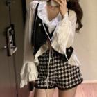 Long-sleeve Ruffled Blouse / Furry Buttoned Vest / Houndstooth Shorts