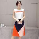 Set: Stripe-accent Sleeveless Cropped Top + Color-block Skirt