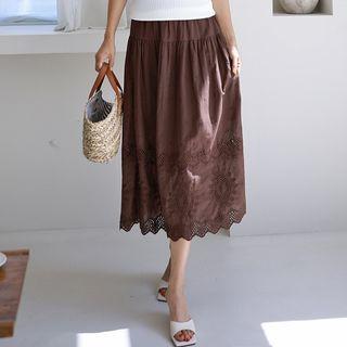Shirred Long Eyelet-lace Skirt