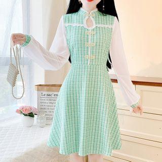 Cheongsam Collar Panel Plaid A-line Dress