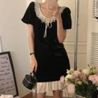 Short-sleeve Pleated Mini A-line Dress Black - One Size