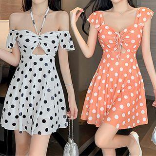 Cold-shoulder Dotted Drawstring A-line Dress