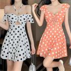 Cold-shoulder Dotted Drawstring A-line Dress