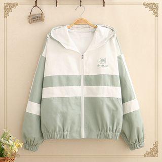 Cat Print Color-block Hooded Zip Jacket