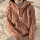 Long-sleeve Turtleneck Zip Cable Knit Sweater Pink - One Size