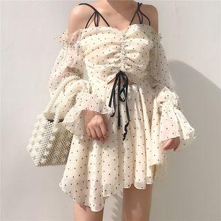 Dotted Off-shoulder Long-sleeve A-line Dress