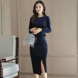 Long-sleeve Slit-side Waist-tied Dress