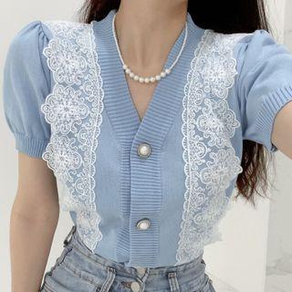 Lace Trim V-neck Short Sleeve Knit Cardigan