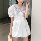Puff-sleeve Floral Print Collar Mini A-line Dress