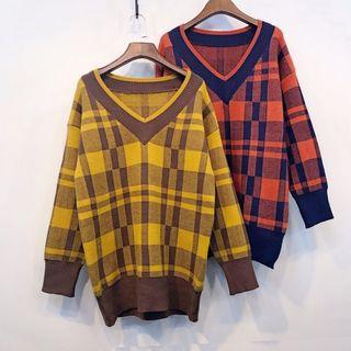 Plaid V-neck Knit Sweater