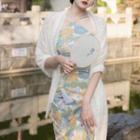 3/4-sleeve Lace Jacket / Halter Floral Midi Sheath Dress