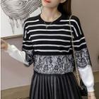 Stripe Lace Panel Long-sleeve Knit Sweater