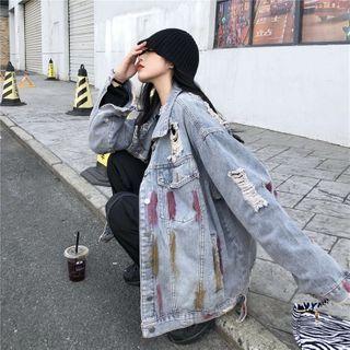 Print Distressed Denim Jacket Light Denim Blue - One Size