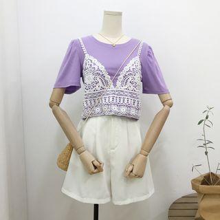 Mock Two-piece Crochet Panel Short-sleeve Cropped T-shirt