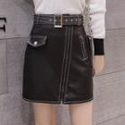 Faux Leather Belted Side-zip Mini Pencil Skirt