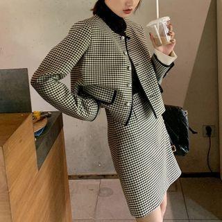 Set: Houndstooth Button-up Jacket + Mini Pencil Skirt Set - Black & White - One Size