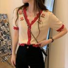 Short-sleeve Buttoned Knit Top As Shown In Figure - One Size