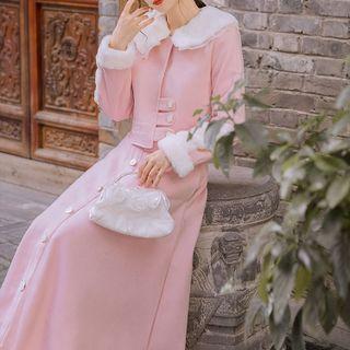 Set: Long-sleeve Furry Collar Jacket + High-waist A-line Midi Skirt