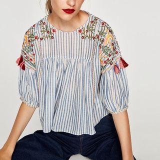 3/4-sleeve Embroidery Tasseled Top