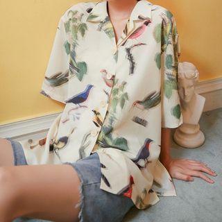 Elbow-sleeve Bird Print Open-collar Shirt